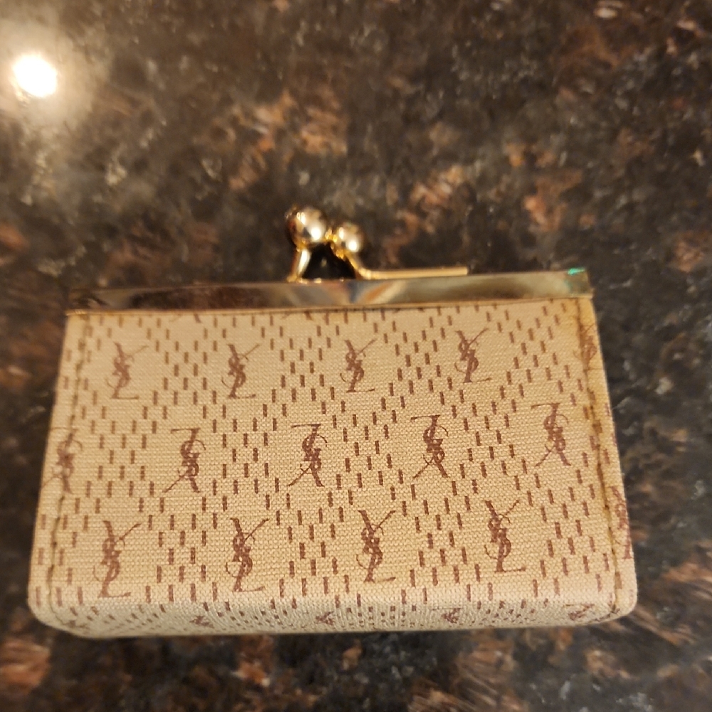 Yves Saint Laurent Tan Monogram Wallet with Gold Accents Vintage